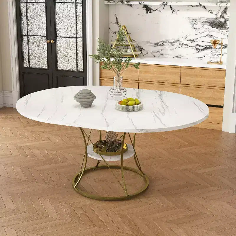 4359 Table à manger ronde extensible pour 4-6 personnes, table de cuisine avec étagère de rangement et base en métal pour salle à manger