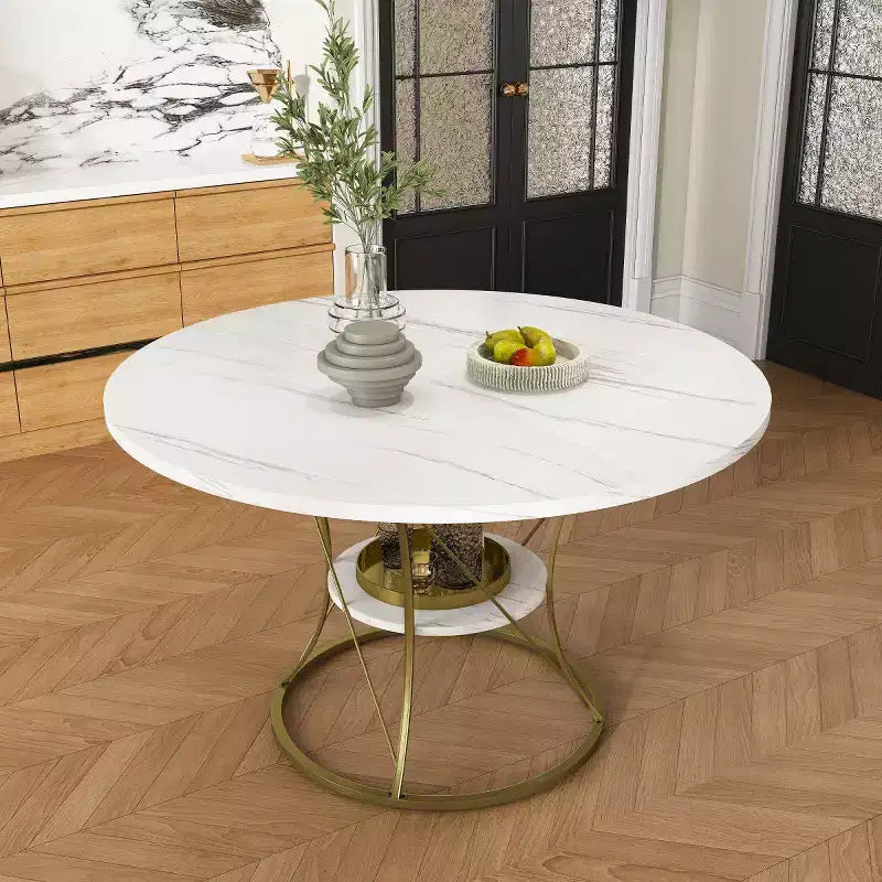 4359 Table à manger ronde extensible pour 4-6 personnes, table de cuisine avec étagère de rangement et base en métal pour salle à manger