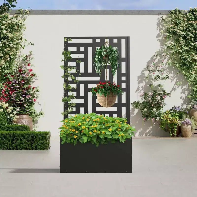 Jardinière en fer forgé noir avec treillis (style urbain), 47x24x12, jardinière compacte d'extérieur