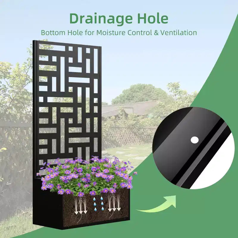 Jardinière en fer forgé noir avec treillis (style urbain), 47x24x12, jardinière compacte d'extérieur