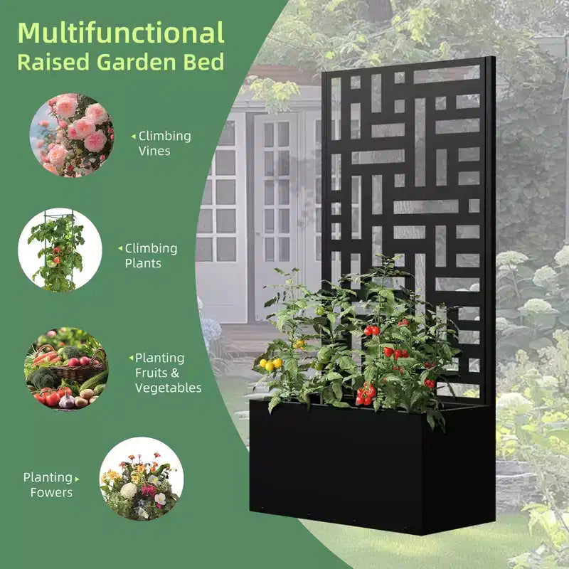 Jardinière en fer forgé noir avec treillis (style urbain), 47x24x12, jardinière compacte d'extérieur