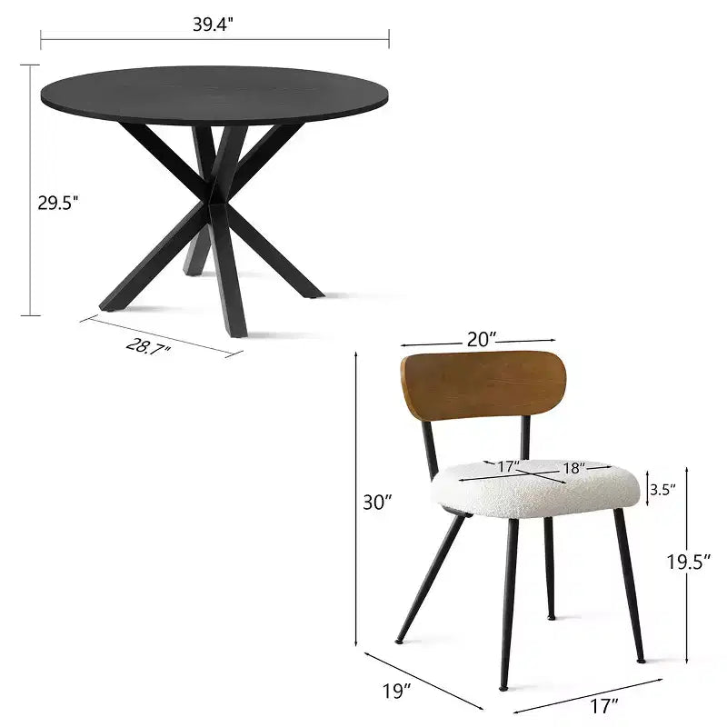 Table à manger ronde 5 pièces, table en bois noir 40 et chaises Boucle rembourrées avec dossier en frêne pour salle à manger