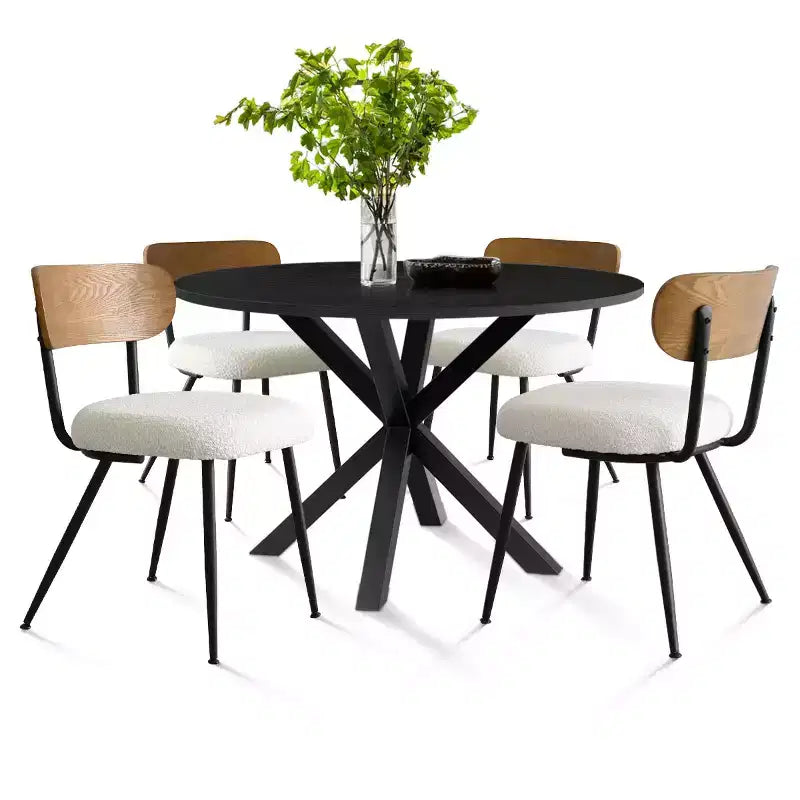 Table à manger ronde 5 pièces, table en bois noir 40 et chaises Boucle rembourrées avec dossier en frêne pour salle à manger
