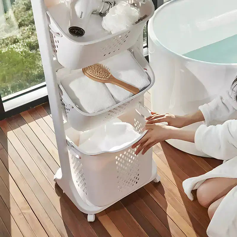 Trieur de linge à 4 niveaux, Organisateur de rangement à roulettes avec roues amovibles, Chariot à linge sale de salle de bain, Blanc