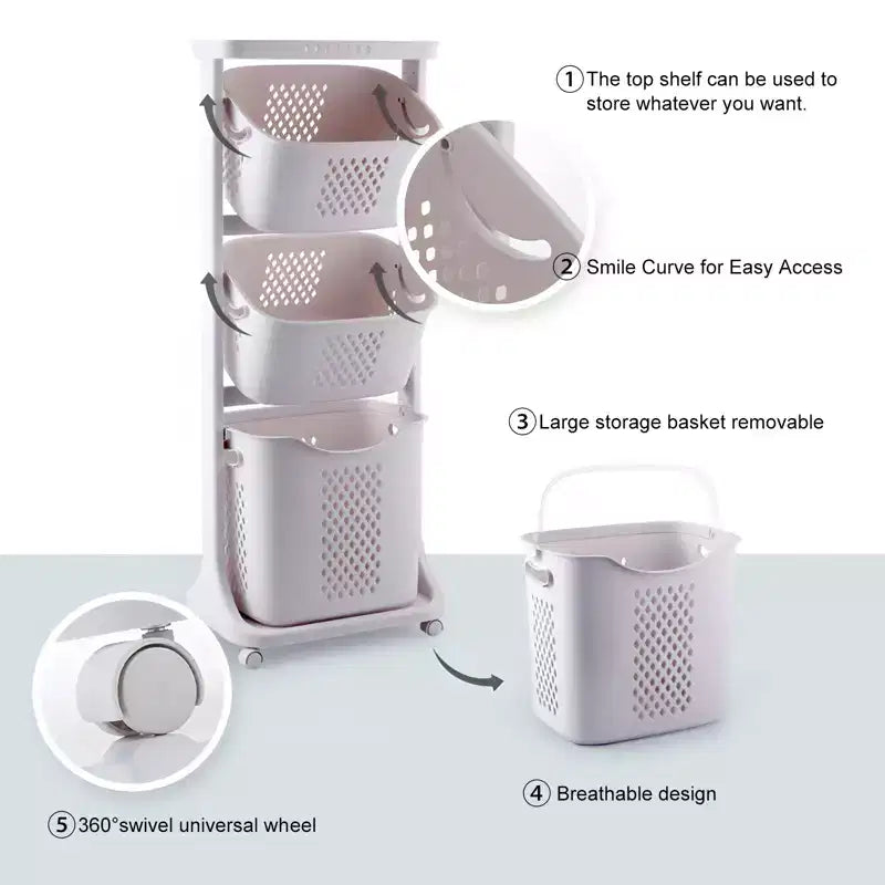 Trieur de linge à 4 niveaux, Organisateur de rangement à roulettes avec roues amovibles, Chariot à linge sale de salle de bain, Blanc