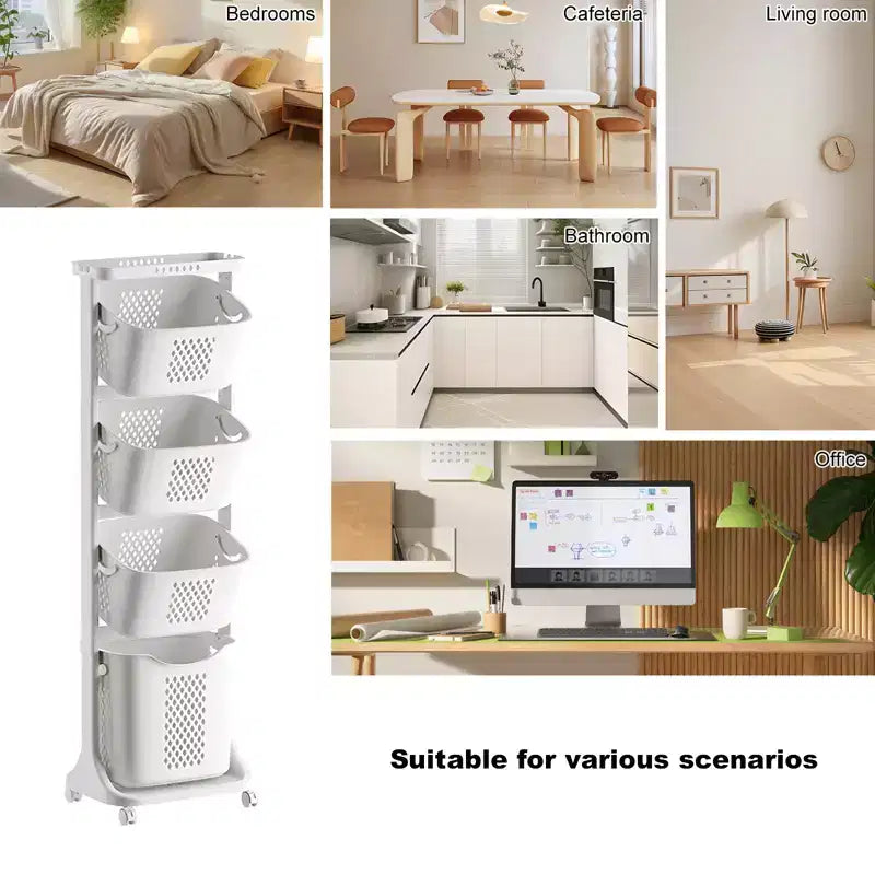 Trieur de linge à 4 niveaux, Organisateur de rangement à roulettes avec roues amovibles, Chariot à linge sale de salle de bain, Blanc