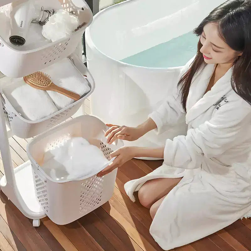Trieur de linge à 4 niveaux, Organisateur de rangement à roulettes avec roues amovibles, Chariot à linge sale de salle de bain, Blanc