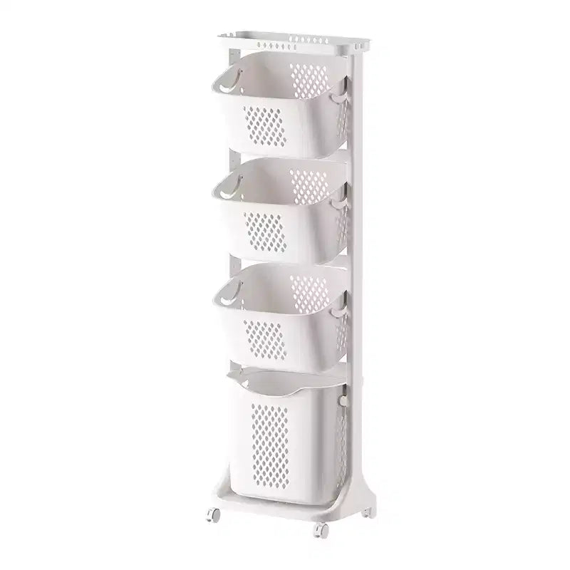 Trieur de linge à 4 niveaux, Organisateur de rangement à roulettes avec roues amovibles, Chariot à linge sale de salle de bain, Blanc