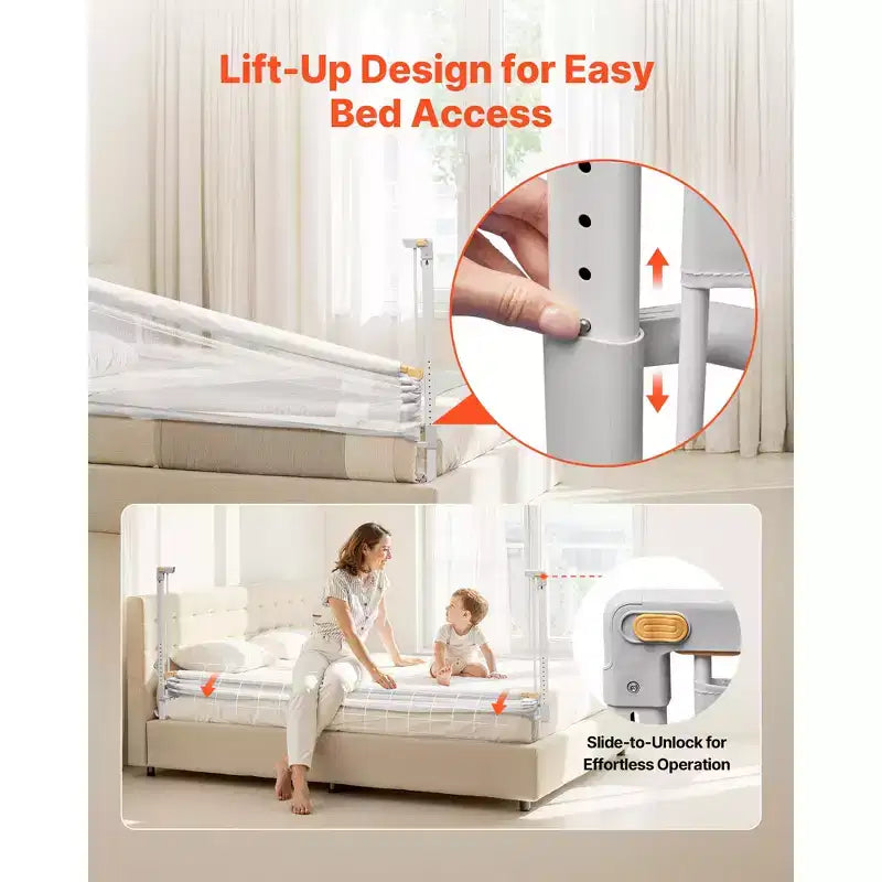 Barrière de lit pour tout-petit, barrière de protection pour lits d'enfants avec tuyau en fer renforcé et tissu Oxford, barrière de lit latérale réglable en hauteur, 1 pièce, gris