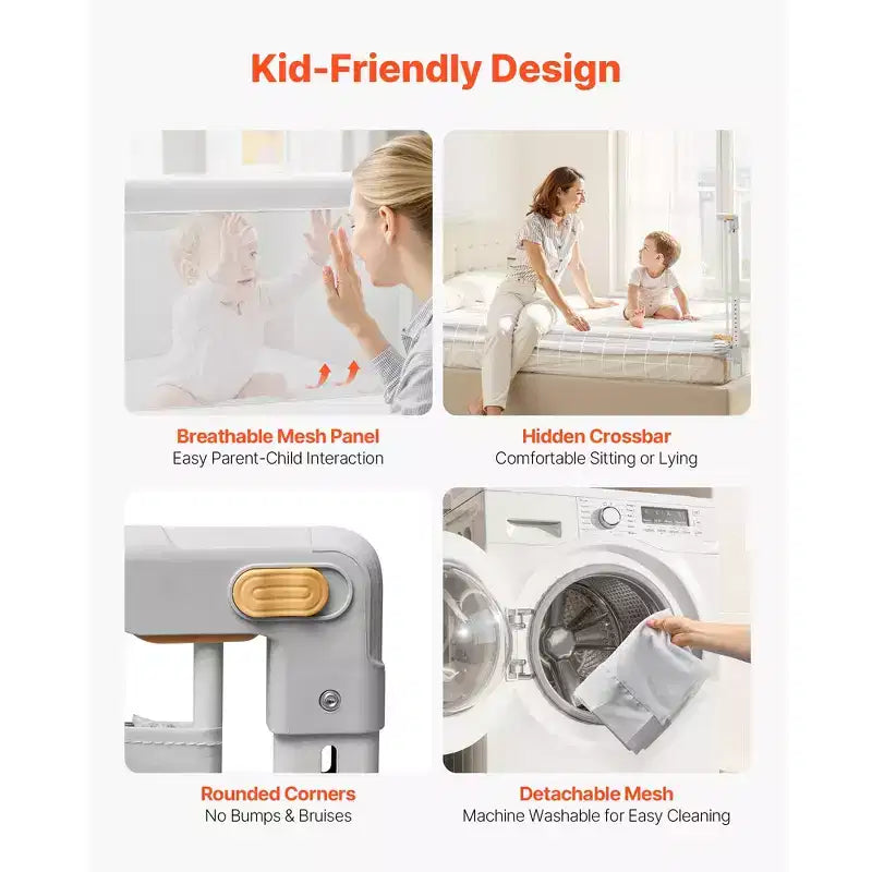 Barrière de lit pour tout-petit, barrière de protection pour lits d'enfants avec tuyau en fer renforcé et tissu Oxford, barrière de lit latérale réglable en hauteur, 1 pièce, gris