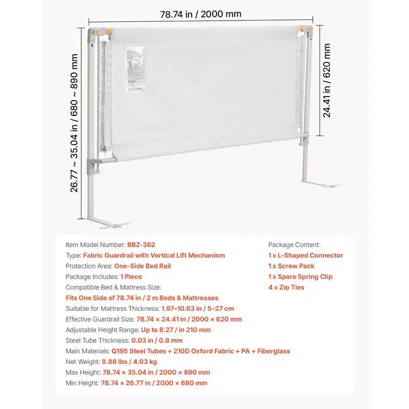 Barrière de lit pour tout-petit, barrière de protection pour lits d'enfants avec tuyau en fer renforcé et tissu Oxford, barrière de lit latérale réglable en hauteur, 1 pièce, gris
