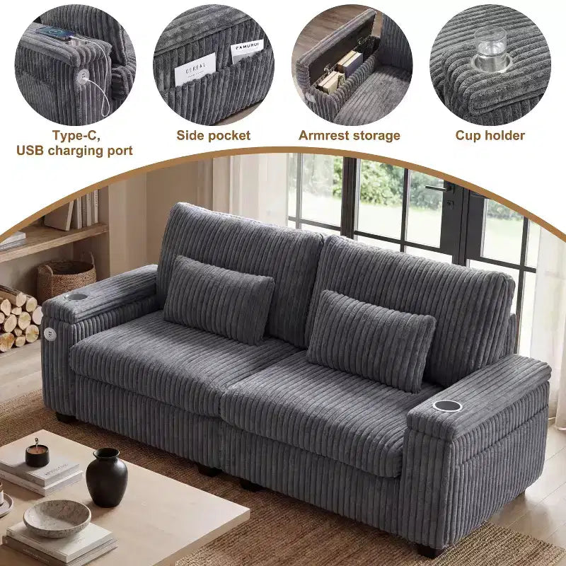91 canapé moderne biplace avec accoudoirs de rangement pour salon, canapé 2 places en velours côtelé avec poches latérales/chargement USB et porte-gobelets, assise profonde