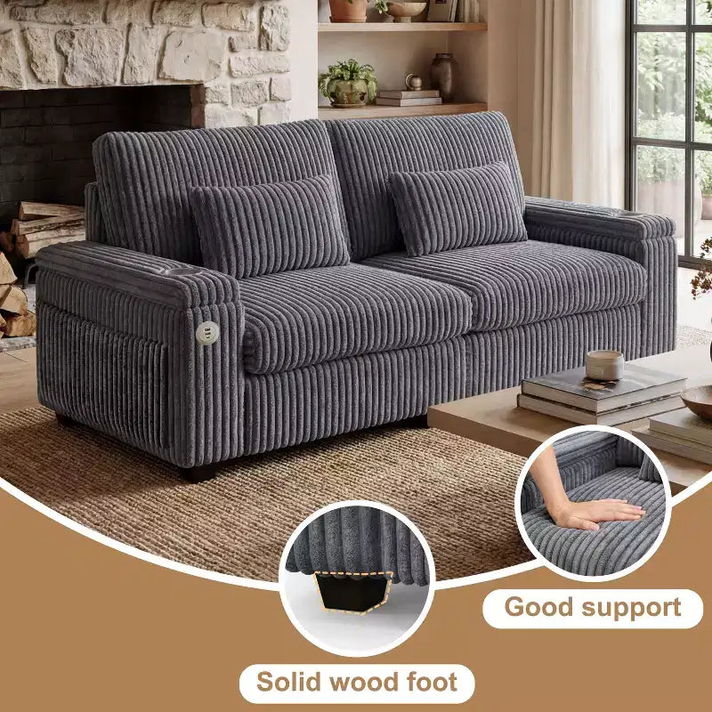 91 canapé moderne biplace avec accoudoirs de rangement pour salon, canapé 2 places en velours côtelé avec poches latérales/chargement USB et porte-gobelets, assise profonde