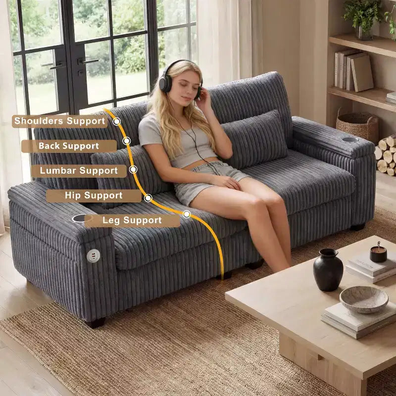 91 canapé moderne biplace avec accoudoirs de rangement pour salon, canapé 2 places en velours côtelé avec poches latérales/chargement USB et porte-gobelets, assise profonde