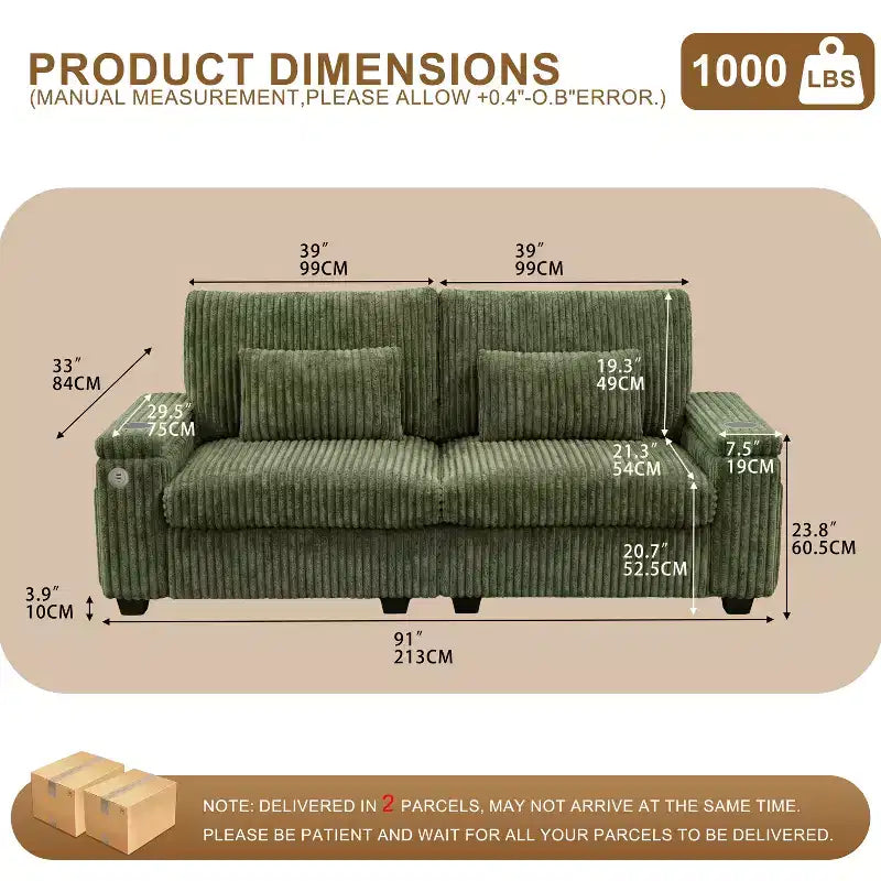 91 canapé moderne biplace avec accoudoirs de rangement pour salon, canapé 2 places en velours côtelé avec poches latérales/chargement USB et porte-gobelets, assise profonde