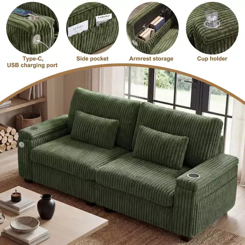 91 canapé moderne biplace avec accoudoirs de rangement pour salon, canapé 2 places en velours côtelé avec poches latérales/chargement USB et porte-gobelets, assise profonde