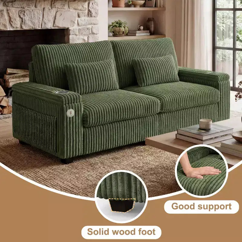 91 canapé moderne biplace avec accoudoirs de rangement pour salon, canapé 2 places en velours côtelé avec poches latérales/chargement USB et porte-gobelets, assise profonde