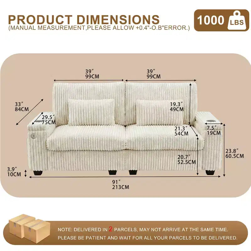 91 canapé moderne biplace avec accoudoirs de rangement pour salon, canapé 2 places en velours côtelé avec poches latérales/chargement USB et porte-gobelets, assise profonde