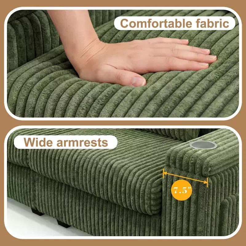 91 canapé moderne biplace avec accoudoirs de rangement pour salon, canapé 2 places en velours côtelé avec poches latérales/chargement USB et porte-gobelets, assise profonde