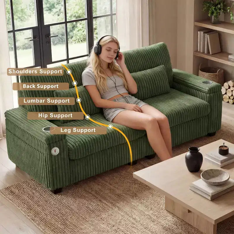 91 canapé moderne biplace avec accoudoirs de rangement pour salon, canapé 2 places en velours côtelé avec poches latérales/chargement USB et porte-gobelets, assise profonde