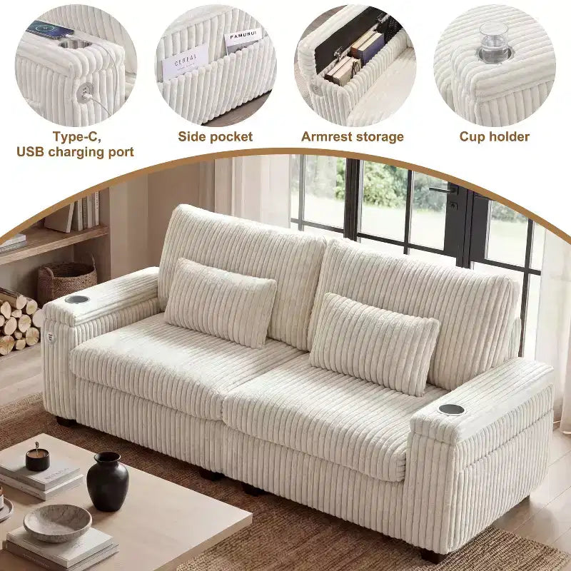 91 canapé moderne biplace avec accoudoirs de rangement pour salon, canapé 2 places en velours côtelé avec poches latérales/chargement USB et porte-gobelets, assise profonde