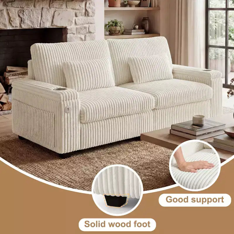 91 canapé moderne biplace avec accoudoirs de rangement pour salon, canapé 2 places en velours côtelé avec poches latérales/chargement USB et porte-gobelets, assise profonde