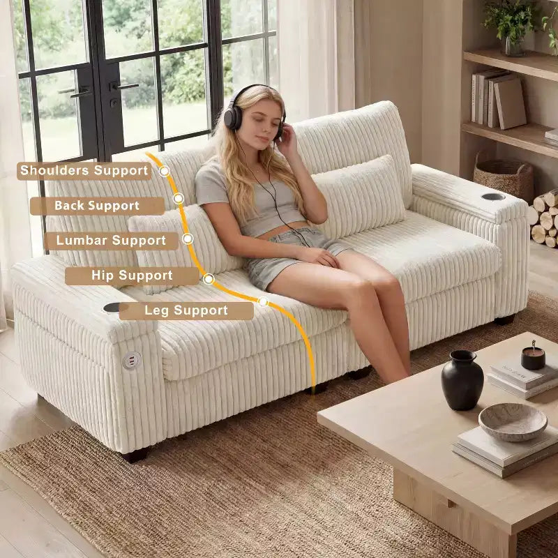 91 canapé moderne biplace avec accoudoirs de rangement pour salon, canapé 2 places en velours côtelé avec poches latérales/chargement USB et porte-gobelets, assise profonde