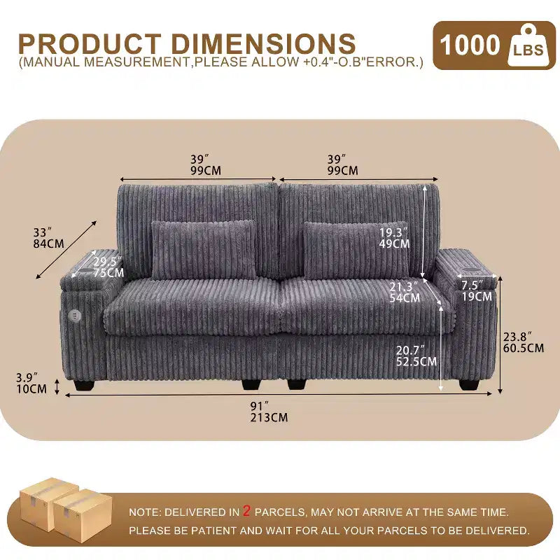91 canapé moderne biplace avec accoudoirs de rangement pour salon, canapé 2 places en velours côtelé avec poches latérales/chargement USB et porte-gobelets, assise profonde