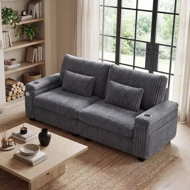 91 canapé moderne biplace avec accoudoirs de rangement pour salon, canapé 2 places en velours côtelé avec poches latérales/chargement USB et porte-gobelets, assise profonde