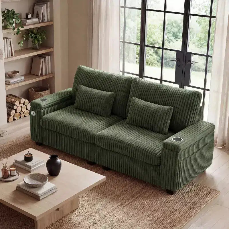 91 canapé moderne biplace avec accoudoirs de rangement pour salon, canapé 2 places en velours côtelé avec poches latérales/chargement USB et porte-gobelets, assise profonde