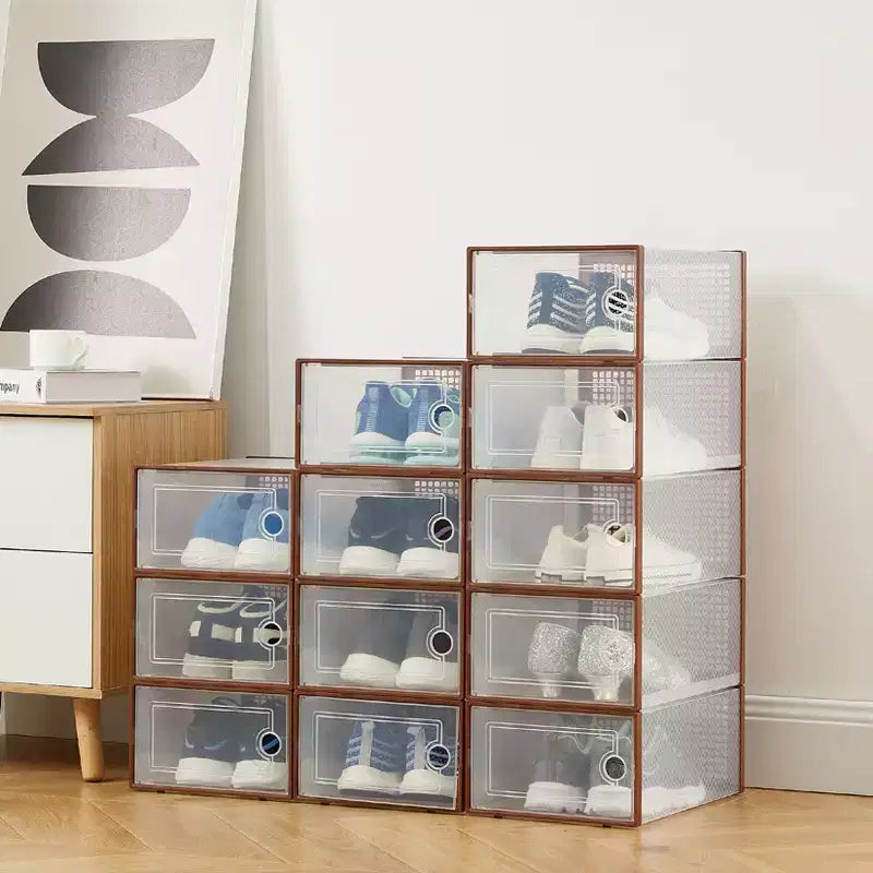 Lot de 12 grands bacs de rangement en plastique transparent avec couvercles durables et empilables pour organiser les chaussures, les jouets, le placard ou le rangement sous le lit