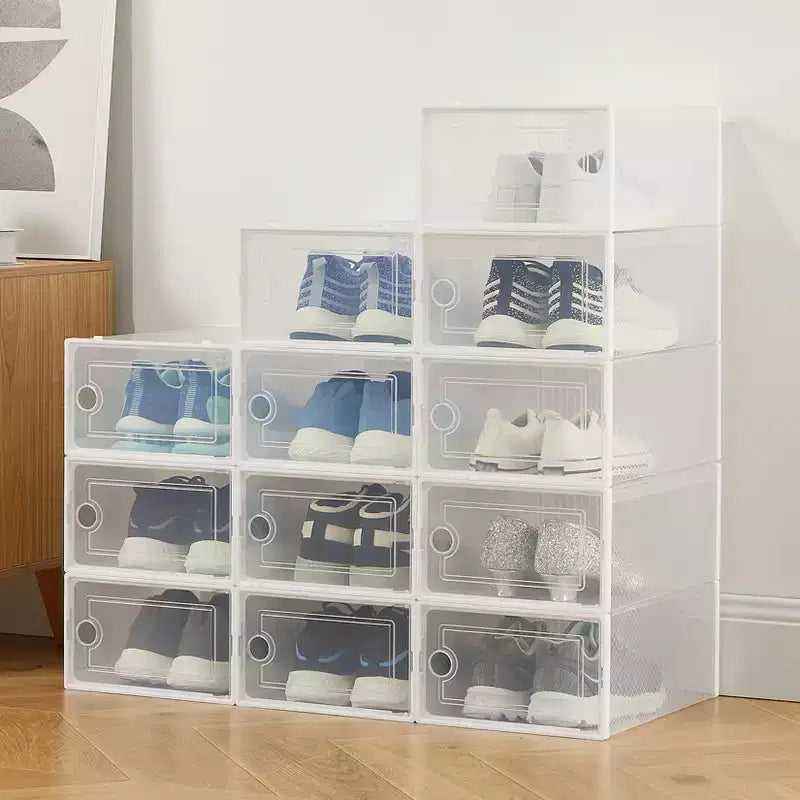 Lot de 12 grands bacs de rangement en plastique transparent avec couvercles durables et empilables pour organiser les chaussures, les jouets, le placard ou le rangement sous le lit