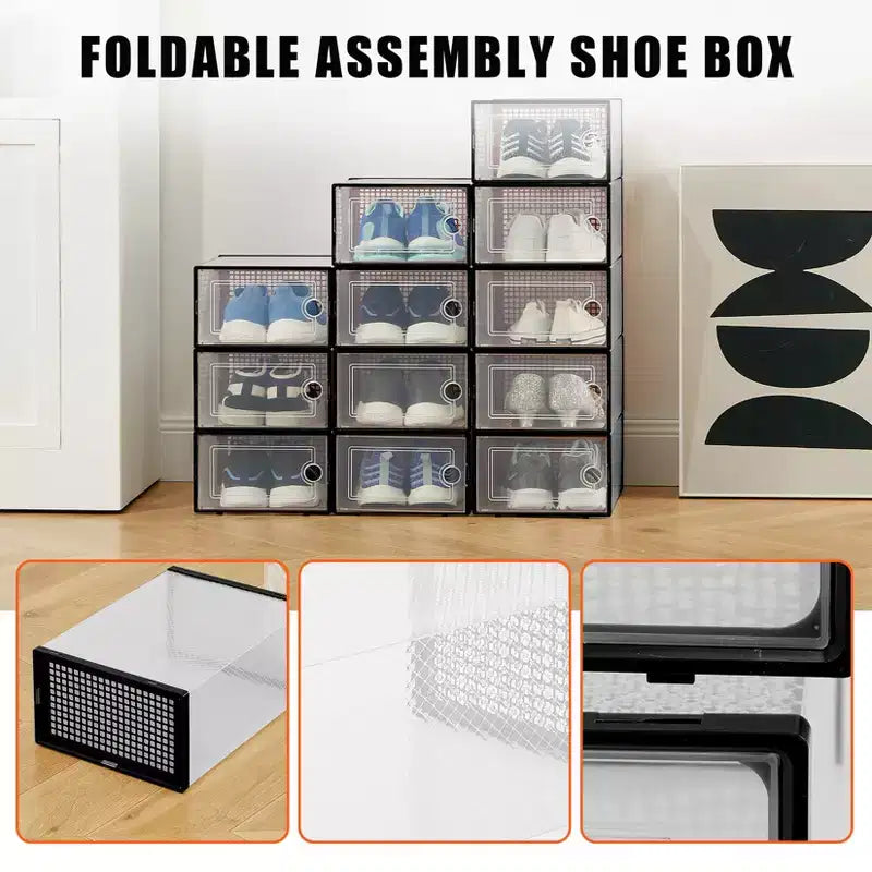 Lot de 12 grands bacs de rangement en plastique transparent avec couvercles durables et empilables pour organiser les chaussures, les jouets, le placard ou le rangement sous le lit