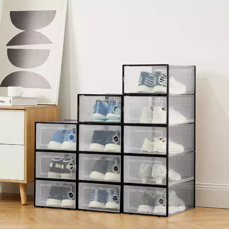 Lot de 12 grands bacs de rangement en plastique transparent avec couvercles durables et empilables pour organiser les chaussures, les jouets, le placard ou le rangement sous le lit