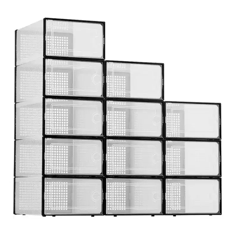 Lot de 12 grands bacs de rangement en plastique transparent avec couvercles durables et empilables pour organiser les chaussures, les jouets, le placard ou le rangement sous le lit