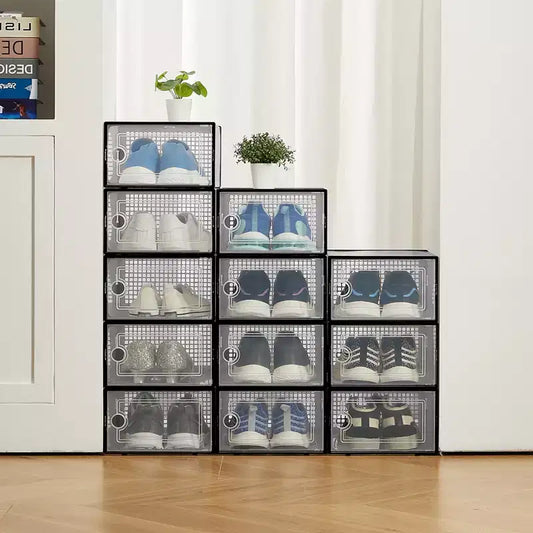 12-Pack Extra-Large Clear Plastic Storage Bins with Stackable Design and Durable Lids for Organizing Shoes, Toys, and Closet or Under-Bed Storage