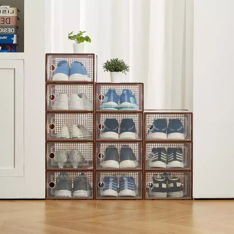 Lot de 12 grands bacs de rangement en plastique transparent avec couvercles durables et empilables pour organiser les chaussures, les jouets, le placard ou le rangement sous le lit