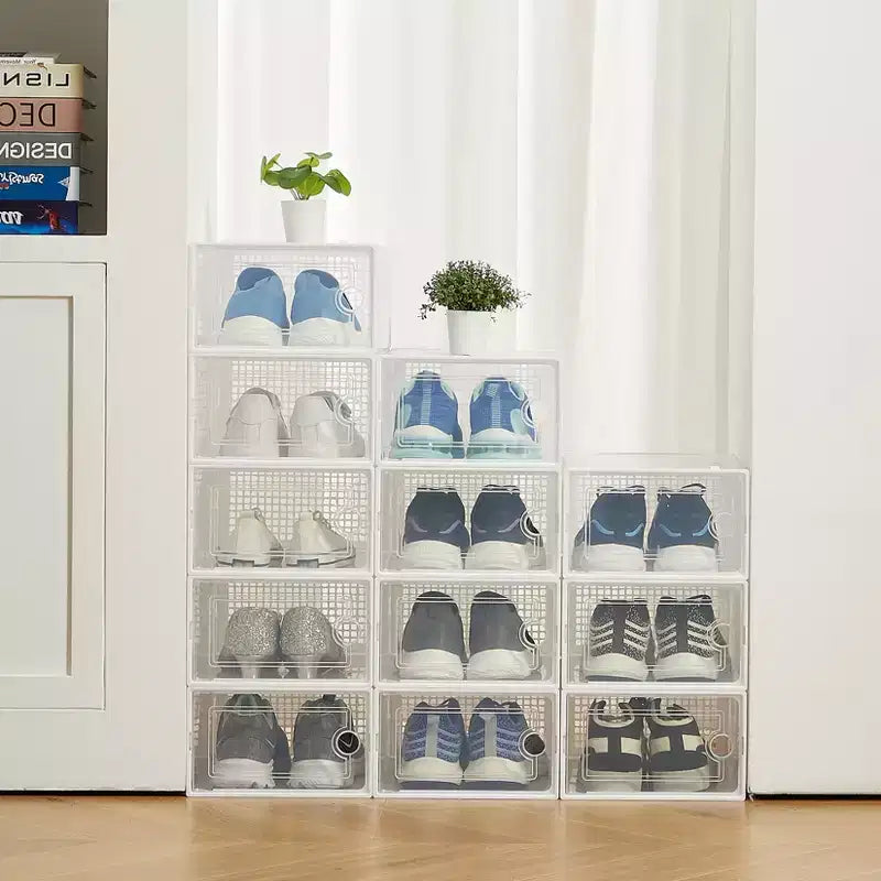 Lot de 12 grands bacs de rangement en plastique transparent avec couvercles durables et empilables pour organiser les chaussures, les jouets, le placard ou le rangement sous le lit