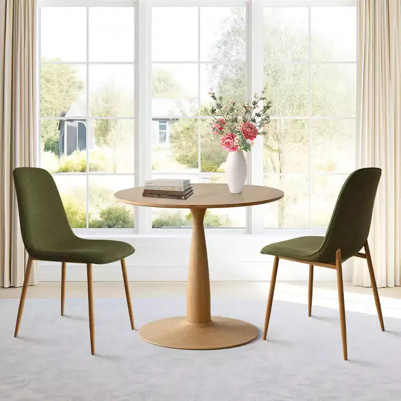 Ensemble de salle à manger 3 pièces avec table ronde, table sur pied aspect bois 34,5 po et chaises courbées sans accoudoirs rembourrées, idéal pour les petits espaces de salle à manger