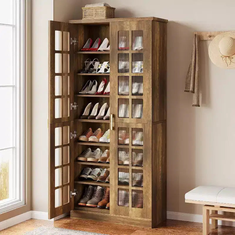 Meuble à chaussures haut avec portes, rangement à chaussures à 8 niveaux avec étagères réglables, meuble à chaussures moderne pour couloir, placard, salon, blanc