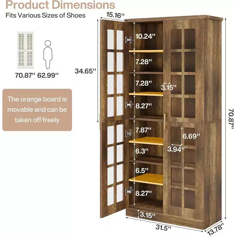 Meuble à chaussures haut avec portes, rangement à chaussures à 8 niveaux avec étagères réglables, meuble à chaussures moderne pour couloir, placard, salon, blanc