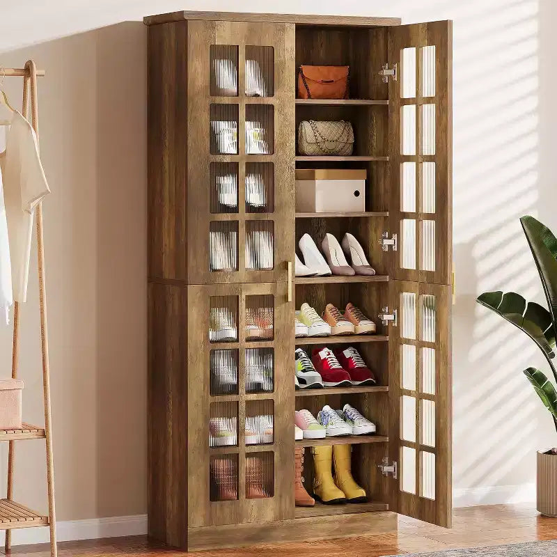Meuble à chaussures haut avec portes, rangement à chaussures à 8 niveaux avec étagères réglables, meuble à chaussures moderne pour couloir, placard, salon, blanc