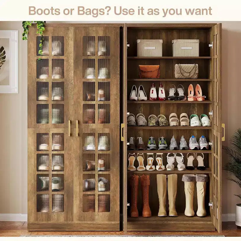 Meuble à chaussures haut avec portes, rangement à chaussures à 8 niveaux avec étagères réglables, meuble à chaussures moderne pour couloir, placard, salon, blanc