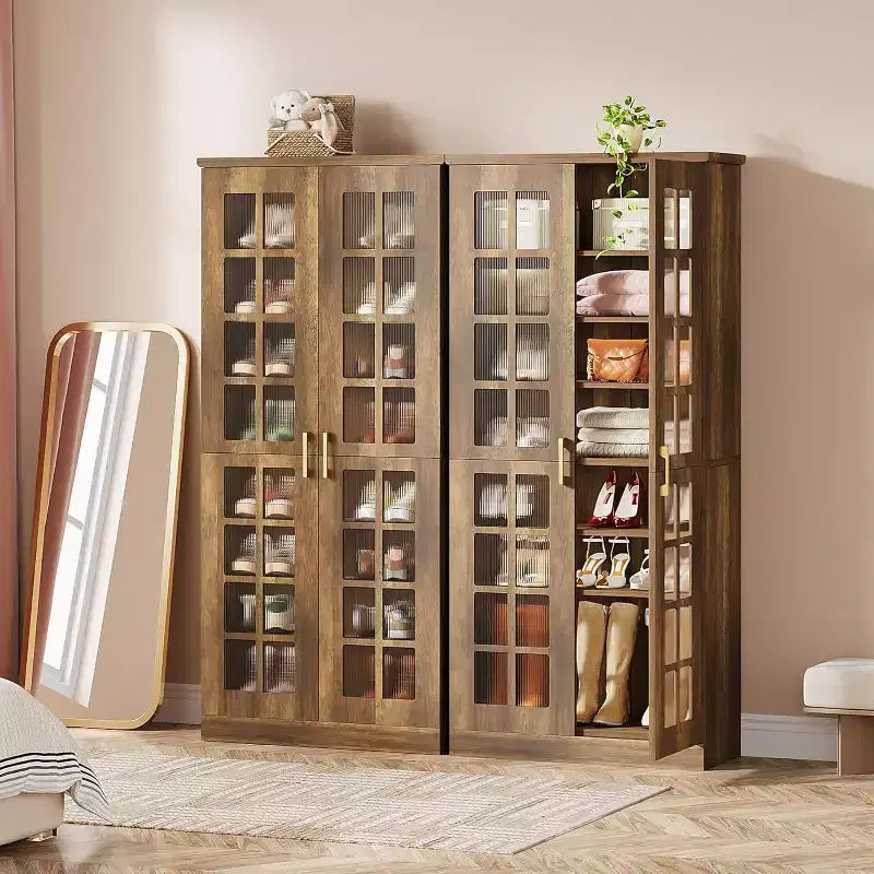 Meuble à chaussures haut avec portes, rangement à chaussures à 8 niveaux avec étagères réglables, meuble à chaussures moderne pour couloir, placard, salon, blanc