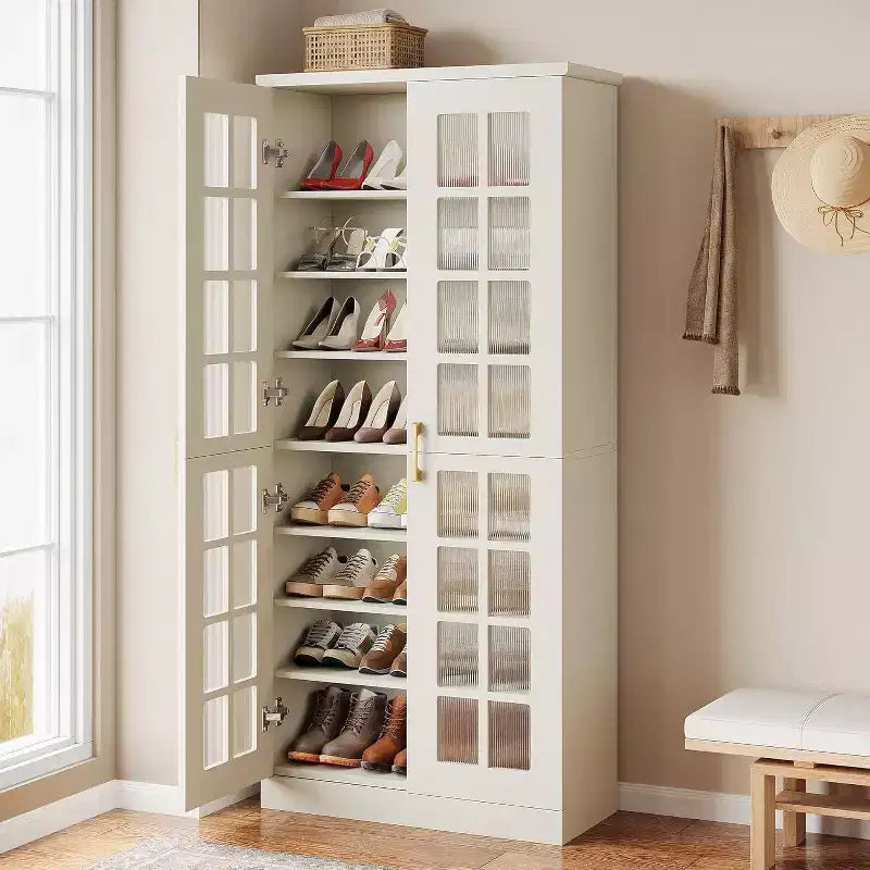 Meuble à chaussures haut avec portes, rangement à chaussures à 8 niveaux avec étagères réglables, meuble à chaussures moderne pour couloir, placard, salon, blanc