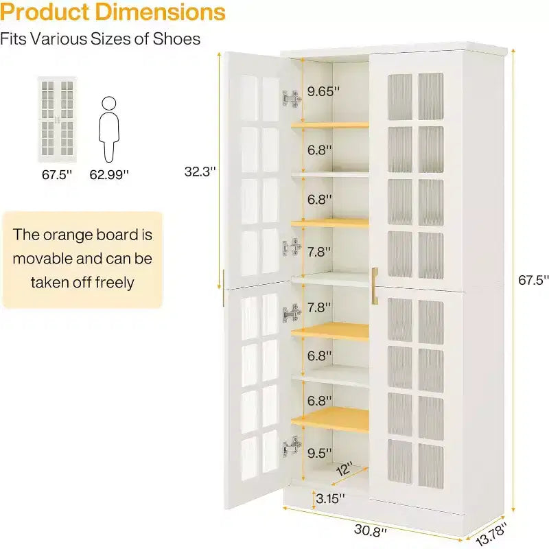 Meuble à chaussures haut avec portes, rangement à chaussures à 8 niveaux avec étagères réglables, meuble à chaussures moderne pour couloir, placard, salon, blanc