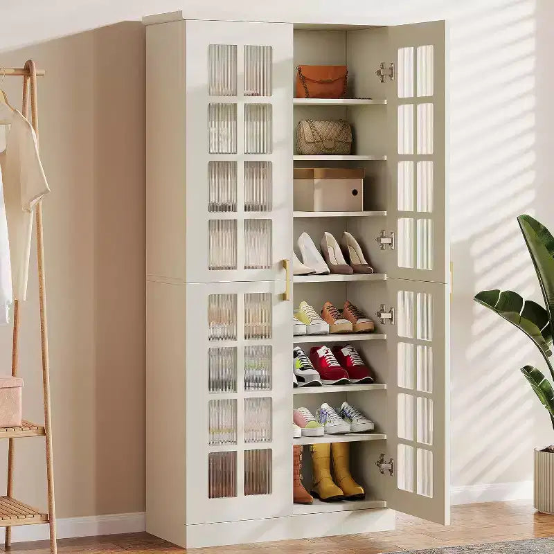 Meuble à chaussures haut avec portes, rangement à chaussures à 8 niveaux avec étagères réglables, meuble à chaussures moderne pour couloir, placard, salon, blanc