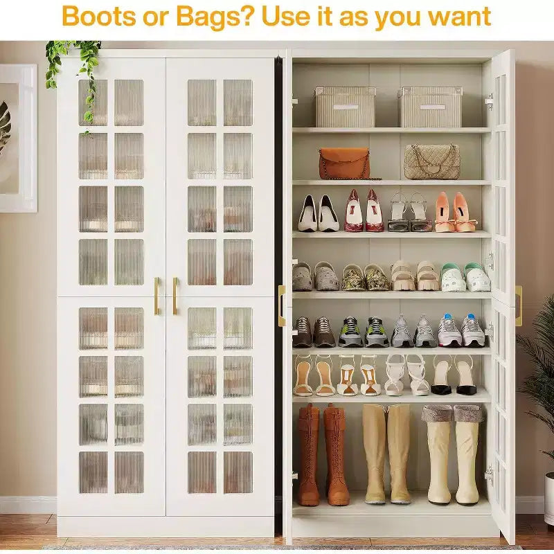 Meuble à chaussures haut avec portes, rangement à chaussures à 8 niveaux avec étagères réglables, meuble à chaussures moderne pour couloir, placard, salon, blanc