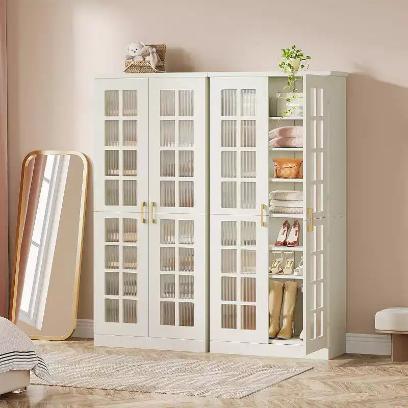 Meuble à chaussures haut avec portes, rangement à chaussures à 8 niveaux avec étagères réglables, meuble à chaussures moderne pour couloir, placard, salon, blanc