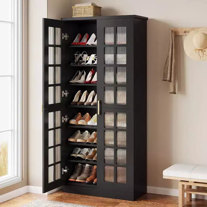 Meuble à chaussures haut avec portes, rangement à chaussures à 8 niveaux avec étagères réglables, meuble à chaussures moderne pour couloir, placard, salon, blanc